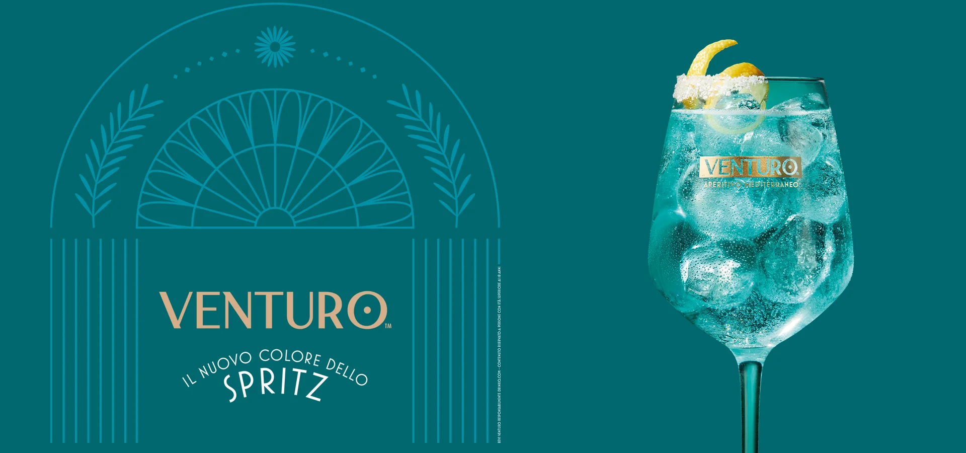 Venturo Spritz showing a blue cocktail in a wine glass with ice and a lemon peel, set against a teal background.