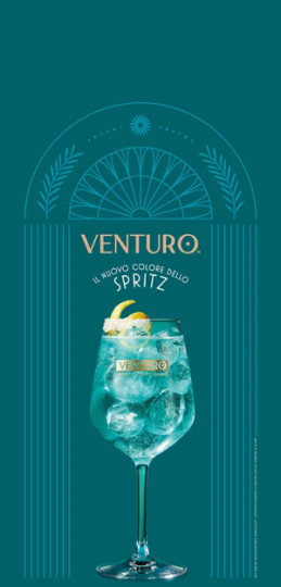 Venturo Spritz showing a blue cocktail in a wine glass with ice and a lemon peel, set against a teal background.
