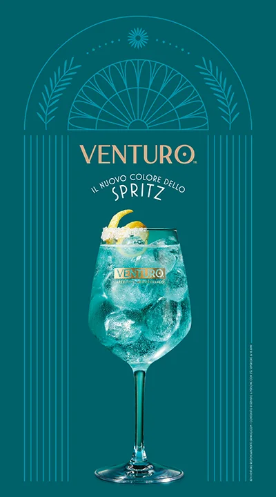 Venturo Spritz showing a blue cocktail in a wine glass with ice and a lemon peel, set against a teal background.